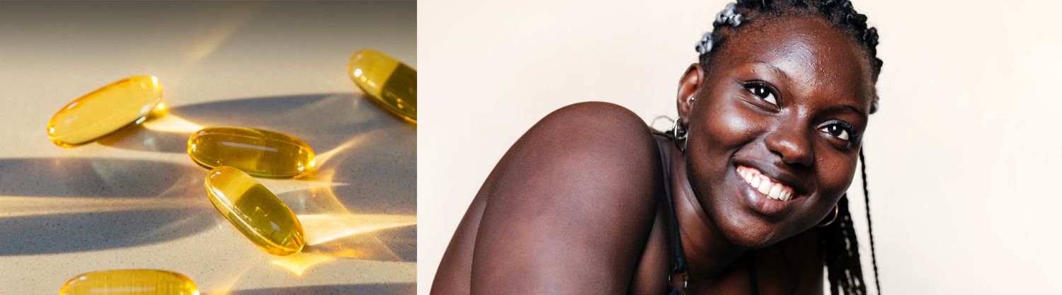 collage of golden supplements and model smiling staring at the camera